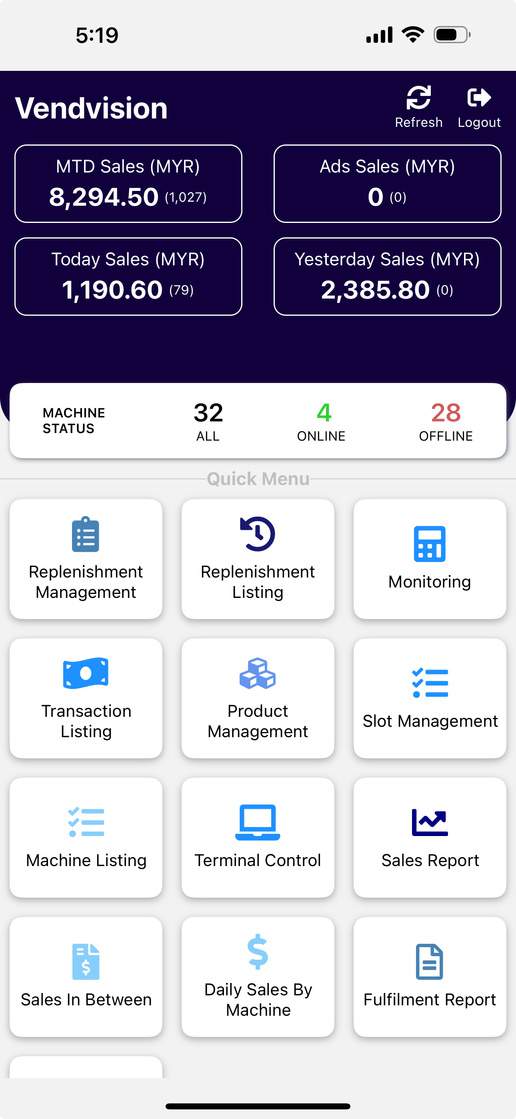 VendBi app - dashboard overview showing machine status and sales summary