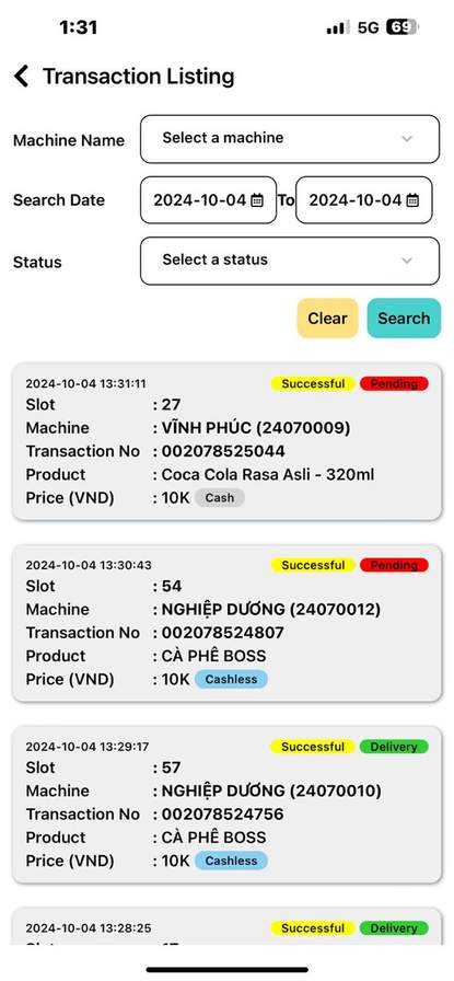 VendBi app - real-time transaction listing and monitoring screen